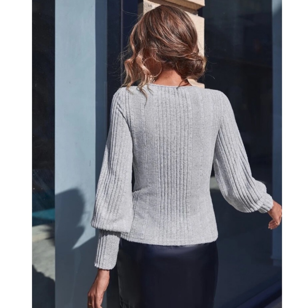Gray Ribbed Contrast Lace Sweater - Picture 2 of 6